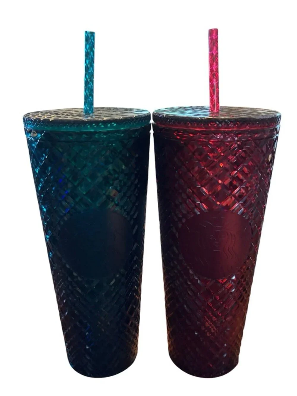 Two Starbucks Jeweled Venti Cold Cup Tumblers 24oz Emerald Green & Ruby Red New